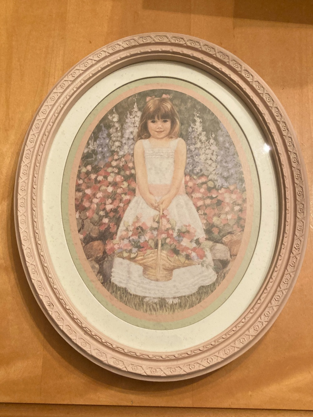 Vintage 1985 Homco Girl w/ Flower Basket Oval Framed Wall Art Pink 13”